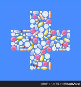 Medicine concept with pills and capsules in cross shape vector illustration. Pills In Cross Shape