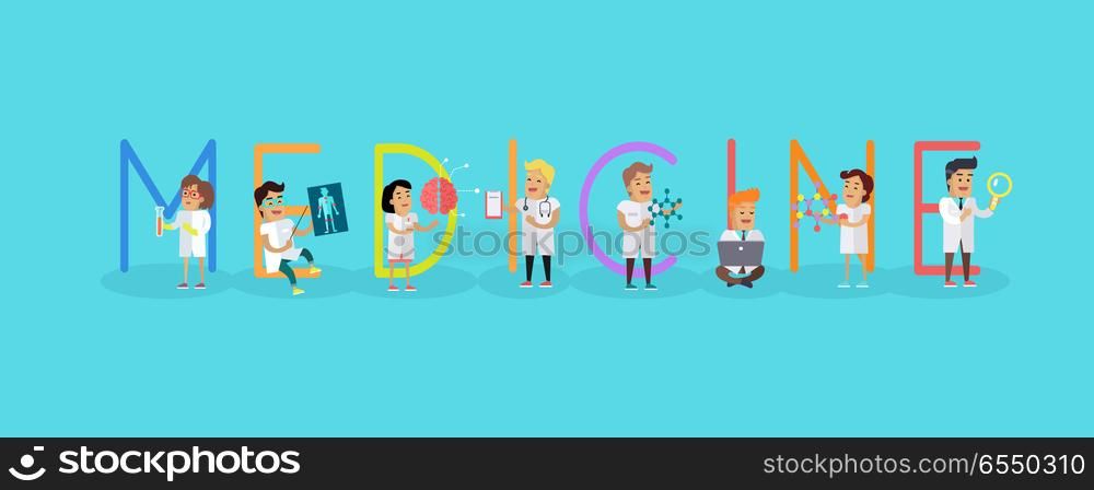 Medicine conceptual vector. Flat style. Scientist and doctor characters with lab instrument. Medical science. Modern technologies and innovations in healthcare. Illustration for company ad, web design. Medicine Conceptual Vector in Flat Design. Medicine Conceptual Vector in Flat Design