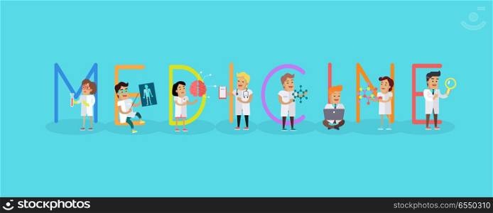 Medicine conceptual vector. Flat style. Scientist and doctor characters with lab instrument. Medical science. Modern technologies and innovations in healthcare. Illustration for company ad, web design. Medicine Conceptual Vector in Flat Design. Medicine Conceptual Vector in Flat Design