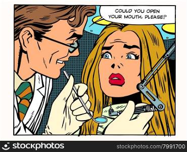 Medicine dentistry medical pop art retro style. The dentist asks the patient to open his mouth. In the chair the dental office is beautiful patient, she is afraid. Dental health oral hygiene