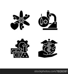 Medicine development black glyph icons set on white space. Interest in science. Test vaccines. Investment in drug discovery. Future perspectives. Silhouette symbols. Vector isolated illustration. Medicine development black glyph icons set on white space