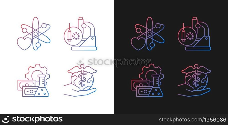 Medicine development gradient icons set for dark and light mode. Interest in science. Thin line contour symbols bundle. Isolated vector outline illustrations collection on black and white. Medicine development gradient icons set for dark and light mode