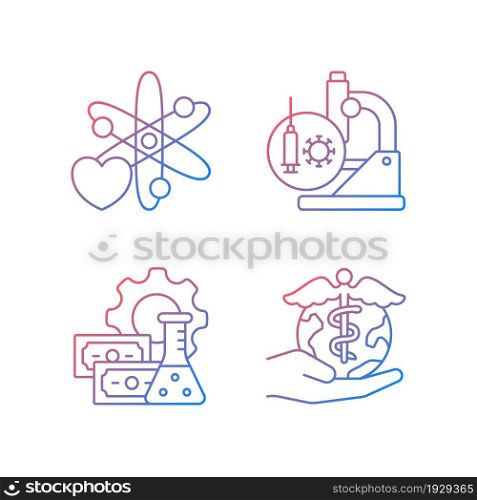 Medicine development gradient linear vector icons set. Interest in science. Test vaccines. Future perspectives. Thin line contour symbols bundle. Isolated outline illustrations collection. Medicine development gradient linear vector icons set