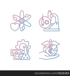 Medicine development gradient linear vector icons set. Interest in science. Test vaccines. Future perspectives. Thin line contour symbols bundle. Isolated outline illustrations collection. Medicine development gradient linear vector icons set