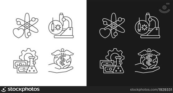 Medicine development linear icons set for dark and light mode. Interest in science. Future perspectives. Customizable thin line symbols. Isolated vector outline illustrations. Editable stroke. Medicine development linear icons set for dark and light mode