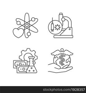 Medicine development linear icons set. Interest in science. Test vaccines. Future perspectives. Customizable thin line contour symbols. Isolated vector outline illustrations. Editable stroke. Medicine development linear icons set