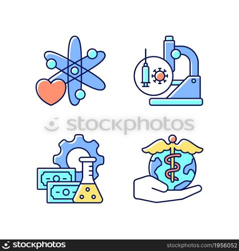 Medicine development RGB color icons set. Interest in science. Test vaccines. Investment in drug discovery. Future perspectives. Isolated vector illustrations. Simple filled line drawings collection. Medicine development RGB color icons set