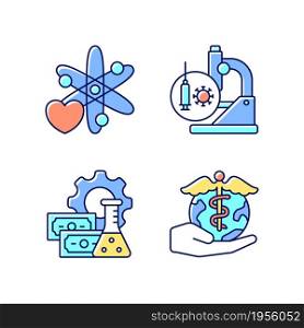 Medicine development RGB color icons set. Interest in science. Test vaccines. Investment in drug discovery. Future perspectives. Isolated vector illustrations. Simple filled line drawings collection. Medicine development RGB color icons set