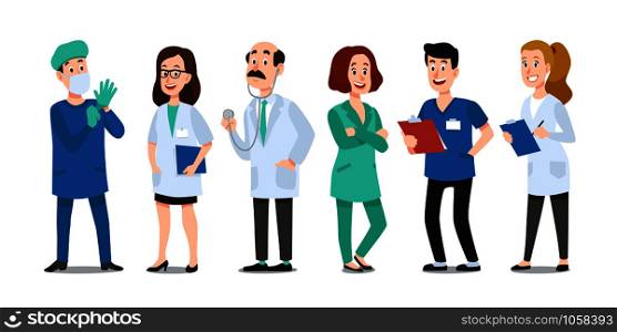 Medicine doctors. Medical physician, hospital nurse and doctor with stethoscope. Medic healthcare workers, professional doctor and pharmacist. Cartoon vector characters isolated icons set. Medicine doctors. Medical physician, hospital nurse and doctor with stethoscope. Medic healthcare workers cartoon vector characters set