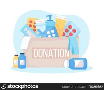 Medicine donation box 2D vector isolated illustration. Medical supplies and drugs for healthcare. Humanitarian aid flat composition on cartoon background. Charity contribution colourful scene. Medicine donation box 2D vector isolated illustration