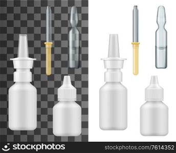 Medicine drop bottles, dropper and ampule realistic mockups. Vector containers of white plastic and glass for eye drops and nose or nasal spray, pipette or eyedropper and vial, medical package design. Realistic medicine drop bottles, dropper, ampule