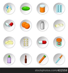 Medicine drugs icons set. Cartoon illustration of 16 medicine drugs vector icons for web. Medicine drugs icons set