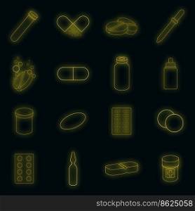Medicine drugs icons set. Illustration of 16 medicine drugs vector icons neon color on black. Medicine drugs icons set vector neon