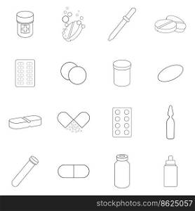Medicine drugs set icons in outline style isolated on white background. Medicine drugs icon set outline