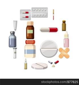 Medicine drugs types icons set. Cartoon illustration of 16 medicine drugs types vector icons for web. Medicine drugs types icons set, cartoon style