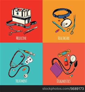 Medicine emergency healthcare colored sketch flat icons set of treatment diagnostics isolated vector illustration