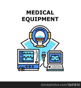 Medicine Equipment Vector Icon Concept. Mri, Ultrasound And Heartbeat Measuring Medicine Equipment. Patient Health Examining Hospital Electronic Device And Computer Color Illustration. Medicine Equipment Concept Color Illustration