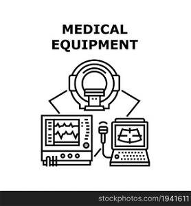 Medicine Equipment Vector Icon Concept. Mri, Ultrasound And Heartbeat Measuring Medicine Equipment. Patient Health Examining Hospital Electronic Device And Computer Black Illustration. Medicine Equipment Concept Black Illustration