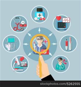 Medicine Flat Design. Flat design with medicine icons around doctor and magnifier in client hand on grey background vector illustration