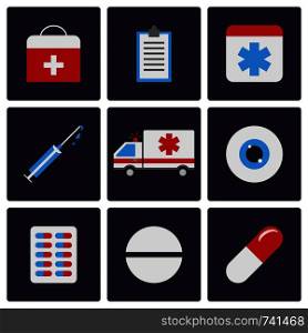 Medicine Flat Icons Set. Ambulance, Pill, Eye, Tablet, Syringe. Vector illustration for Your Design, Web.