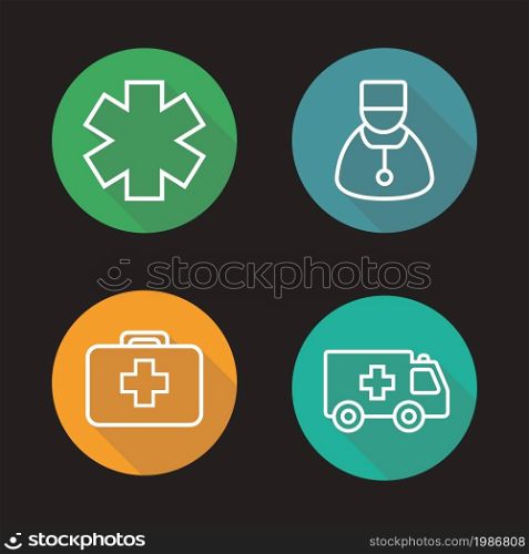 Medicine flat linear long shadow icons set. Star of life, doctor, first aid kit and ambulance. Medical vector line symbols. Medicine flat linear long shadow icons set.