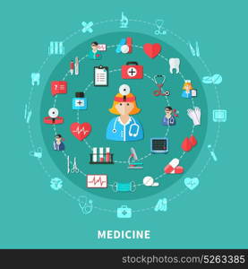 Medicine Flat Round Composition. Medicine flat round composition with doctors working tools and equipment emergency care on green background vector illustration