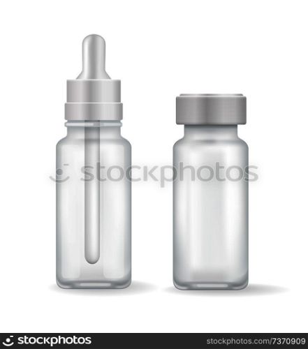 Medicine glass and plastic bottles for storage purposes, collection of empty containers for storage, transparent packagings set vector illustration. Medicine Glass Bottles Set Vector Illustration