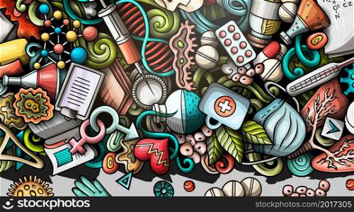 Medicine hand drawn doodle banner. Cartoon vector detailed flyer. Illustration with medical objects and symbols. Colorful background. Medicine hand drawn doodle banner. Cartoon vector detailed flyer.