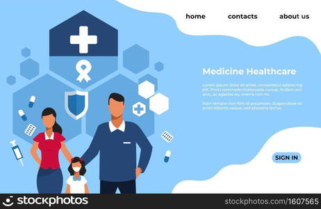 Medicine health care landing page. Website interface for clinic. Counseling and treatment of children and adults. Family medical web service. UI mockup design with buttons and text, vector template. Medicine health care landing page. Website interface for clinic. Counseling and treatment of children and adults. Medical web service. UI mockup with buttons and text, vector template