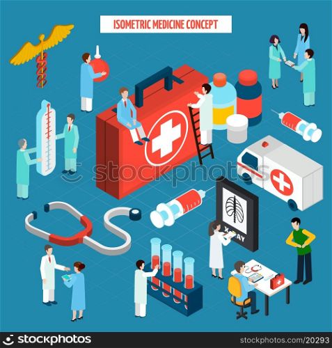 Medicine healthcare concept isometric composition banner. Medical research healthcare and emergency concept with stethoscope tests results isometric pictograms composition poster abstract vector illustration