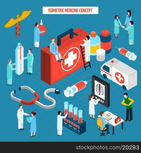 Medicine healthcare concept isometric composition banner. Medical research healthcare and emergency concept with stethoscope tests results isometric pictograms composition poster abstract vector illustration