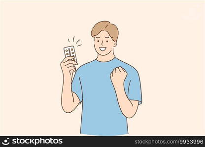 Medicine, healthcare, drugs concept. Young smiling man cartoon character standing holding medicine pills feeling proud, celebrating victory and success vector illustration. Medicine, healthcare, drugs concept