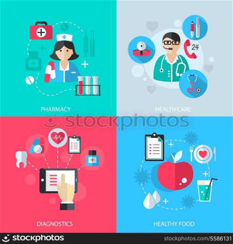 Medicine healthcare services concept flat icons set of medical technology pharmacy diagnostics and healthy nutrition food for infographics design web elements vector illustration