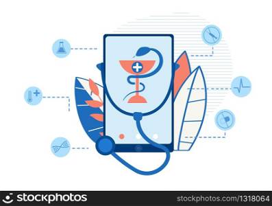Medicine, Healthcare, Therapy Mobile Application. Flat Mobile Phone with Medical Bowl Surrounded Snake and Stethoscope over Foliage Backdrop. Innovative Telemedicine App. Vector Flat Illustration. Medicine, Healthcare, Therapy Mobile Application