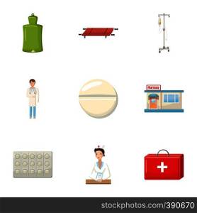 Medicine help icons set. Cartoon illustration of 9 medicine help vector icons for web. Medicine help icons set, cartoon style