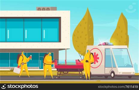 Medicine hygiene virus coronavirus composition with doctors in protection suits moving infected patient to hospital building vector illustration