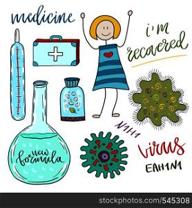 Medicine icon set with pills and virus cell . Medical doodle collection.. Medicine icon set with pills and virus cell . Medical doodle collection