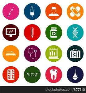 Medicine icons many colors set isolated on white for digital marketing. Medicine icons many colors set