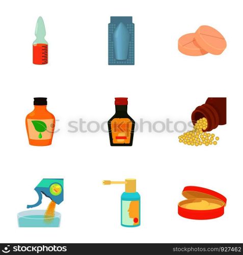 Medicine icons set. Cartoon set of 9 medicine vector icons for web isolated on white background. Medicine icons set, cartoon style