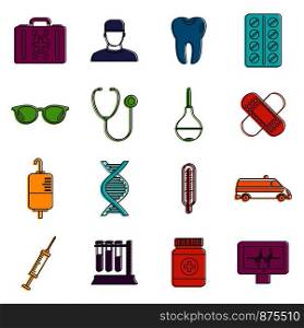 Medicine icons set. Doodle illustration of vector icons isolated on white background for any web design. Medicine icons doodle set