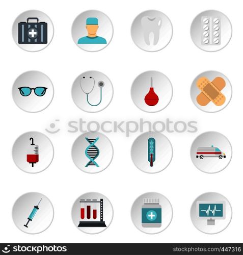 Medicine icons set in flat style. Medical care set collection vector icons set illustration. Medicine icons set, flat style