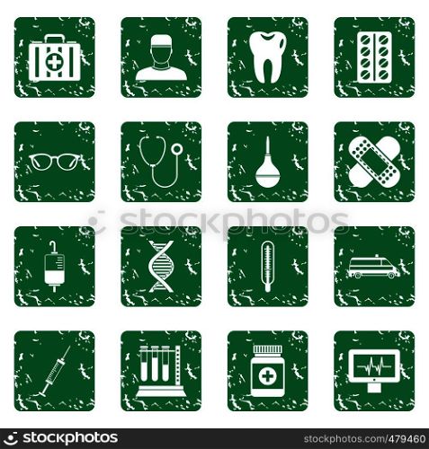 Medicine icons set in grunge style green isolated vector illustration. Medicine icons set grunge