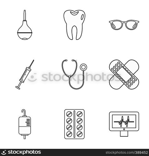 Medicine icons set. Outline illustration of 9 medicine vector icons for web. Medicine icons set, outline style