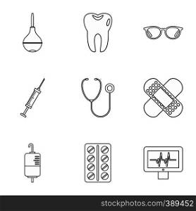 Medicine icons set. Outline illustration of 9 medicine vector icons for web. Medicine icons set, outline style