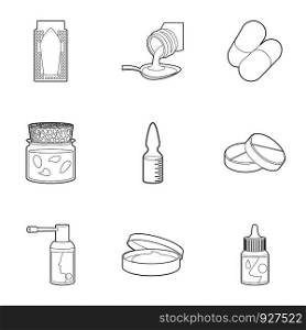 Medicine icons set. Outline set of 9 medicine vector icons for web isolated on white background. Medicine icons set, outline style