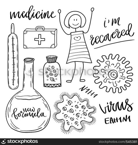 Medicine icons set with pills and virus cell . Medical and healthcare sketch collection.. Medicine icons set with pills and virus cell . Medical and healthcare sketch collection