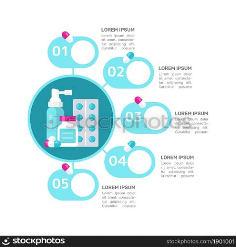 Medicine infographic chart design template. Health care. Medical treatment. Abstract vector infochart with blank copy spaces. Instructional graphics with 5 step sequence. Visual data presentation. Medicine infographic chart design template