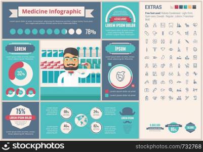 Medicine infographic template and elements. The template includes illustrations of hipster men and huge awesome set of thin line icons. Modern minimalistic flat vector design.. Medicine flat design Infographic Template