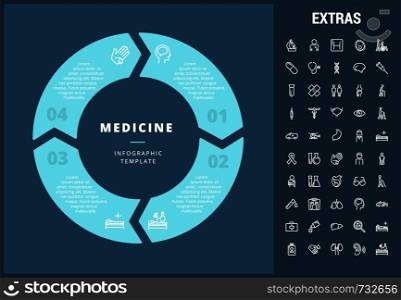Medicine infographic template, elements and icons. Infograph includes customizable circular diagram, line icon set with medical stethoscope, disable person, hospital doctor, nurse, first aid kit etc.. Medicine infographic template, elements and icons.