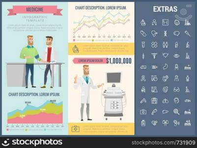 Medicine infographic template, elements and icons. Infograph includes customizable graphs, charts, line icon set with medical stethoscope, disable person, hospital doctor, nurse, first aid kit etc.. Medicine infographic template, elements and icons.